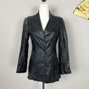 90s vintage black leather distressed faded minimalist grunge button coat jacket